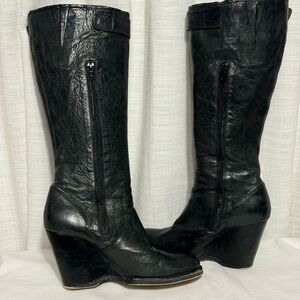 Apepazza Wedge Boots Women Black Leather Triple Buckle Knee High 7 no size Tag